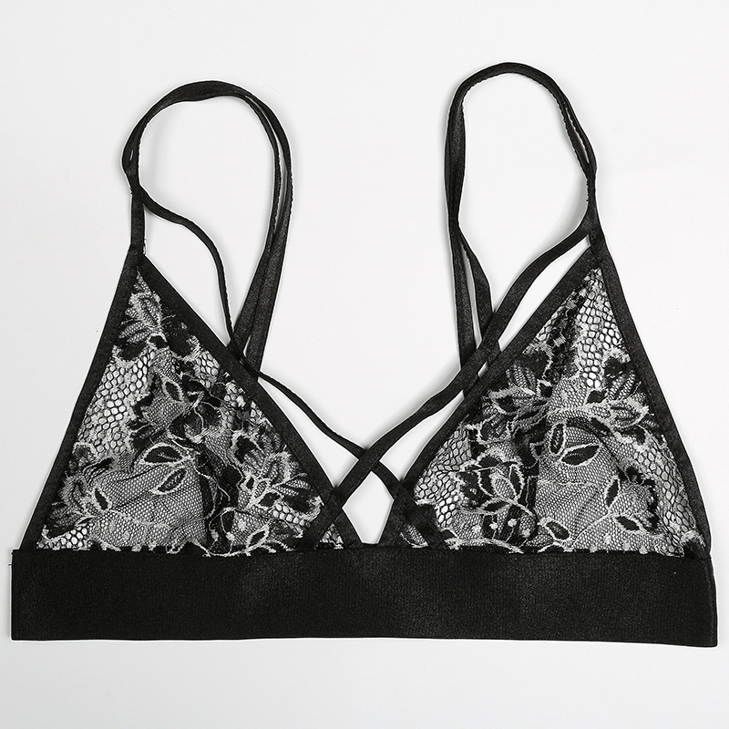 F5370 Black Crochet Lace Embellished Crossed Collar Bra